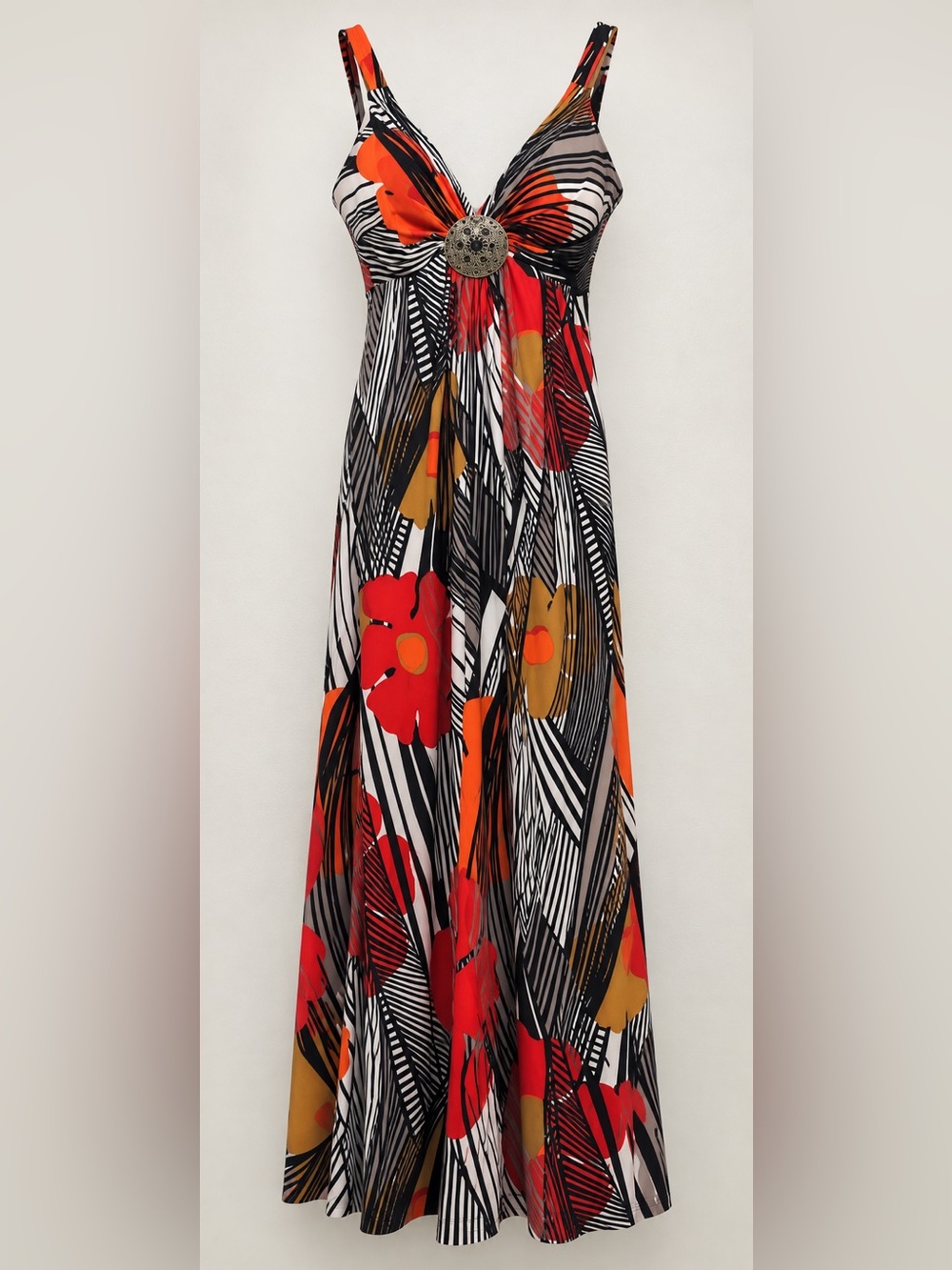 Muse Size 8 Abstract Floral Medallion Maxi Dress 54” Long Orange Black